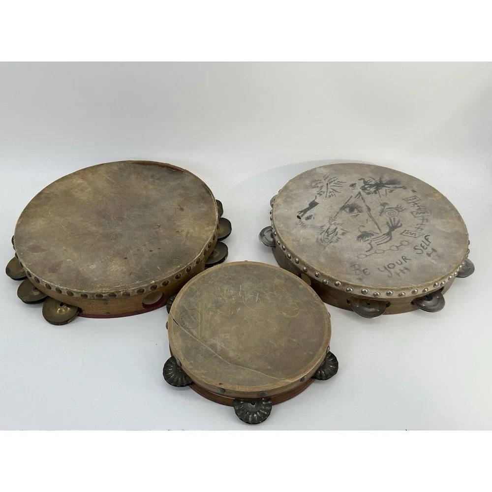 Vintage Rawhide Tambourine Lot Of 3 Calf Skin Head